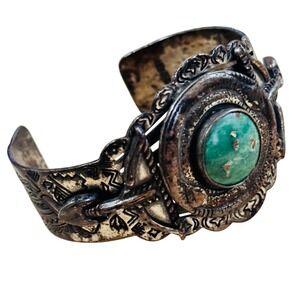 Sanford Cuff Bracelet Distressed silver western blue Turquoise stone chunky wide